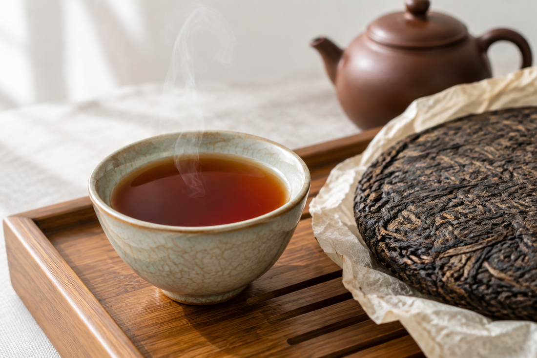Pu-erh tea cake and gongfu cup with deep amber-red liquor on wooden tea tray — multiple infusions brewing guide