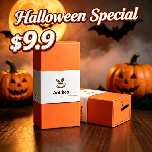 Antrilea Halloween tea scene with an orange box, pumpkins, and two glass cups labeled Raw Pu-erh Tea and Ripe Pu-erh Tea.