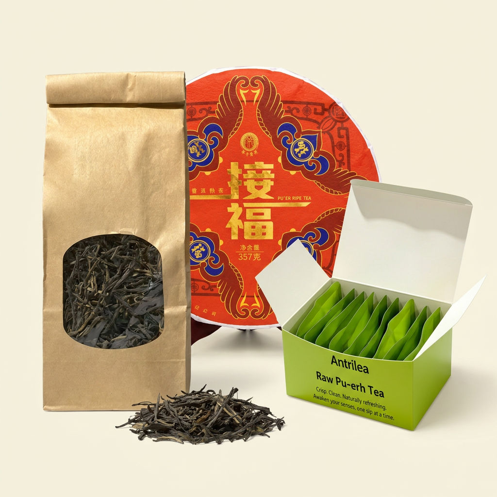 AI-composited assortment based on Antrilea product photos, featuring loose-leaf black tea, green Verdant Pouch sachet packaging, and a red Jiefu Pu-erh Tea cake wrapper.