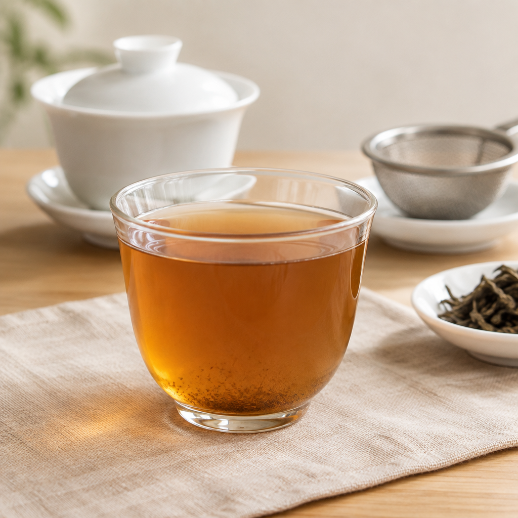 Illustration of slightly hazy amber Pu-erh Tea with fine sediment in a glass cup, beside a gaiwan and tea strainer.