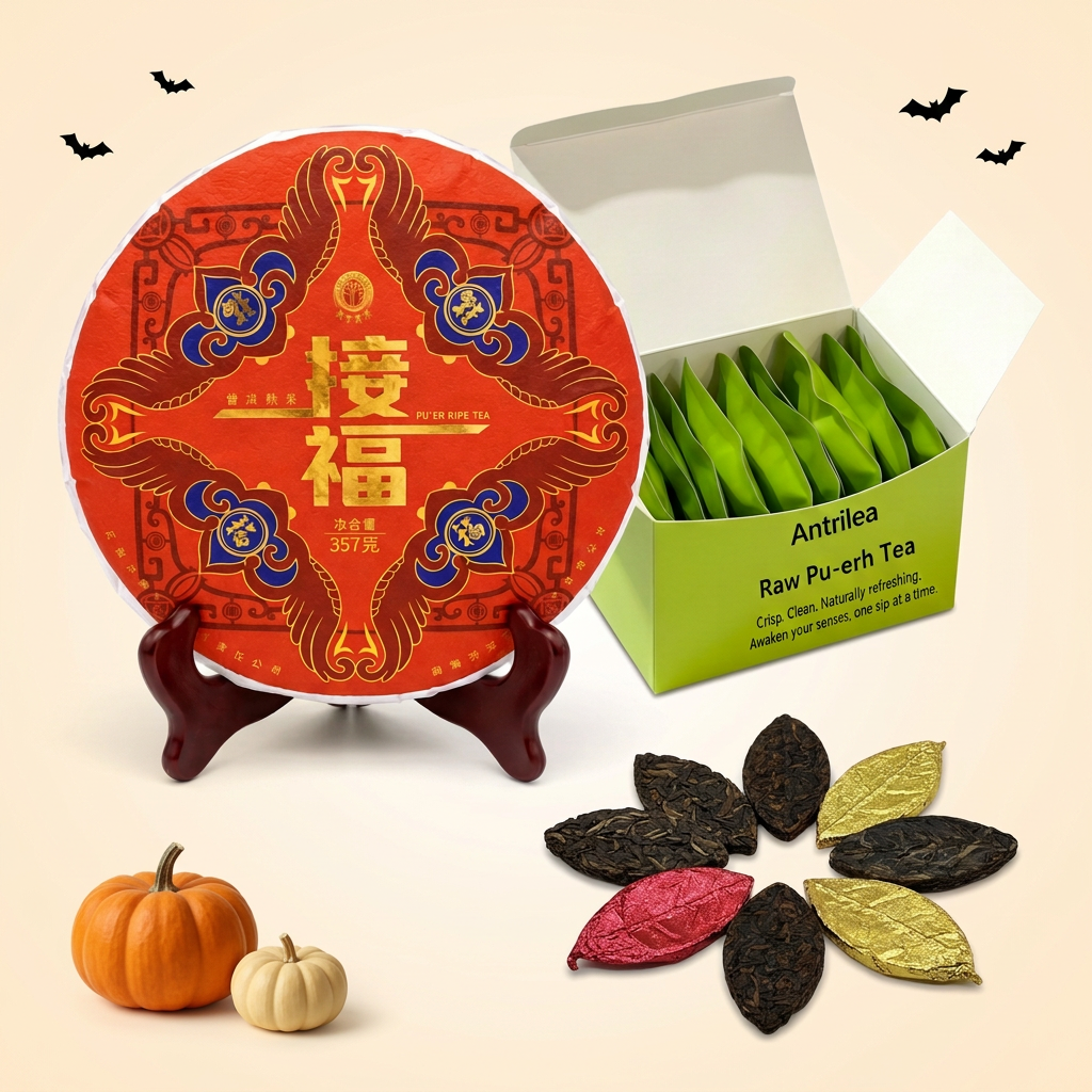 AI-composited Halloween assortment based on Antrilea Pu-erh Tea product photos, featuring Jiefu, Verdant Pouch, and Golden & Red Leaf with seasonal decorations.