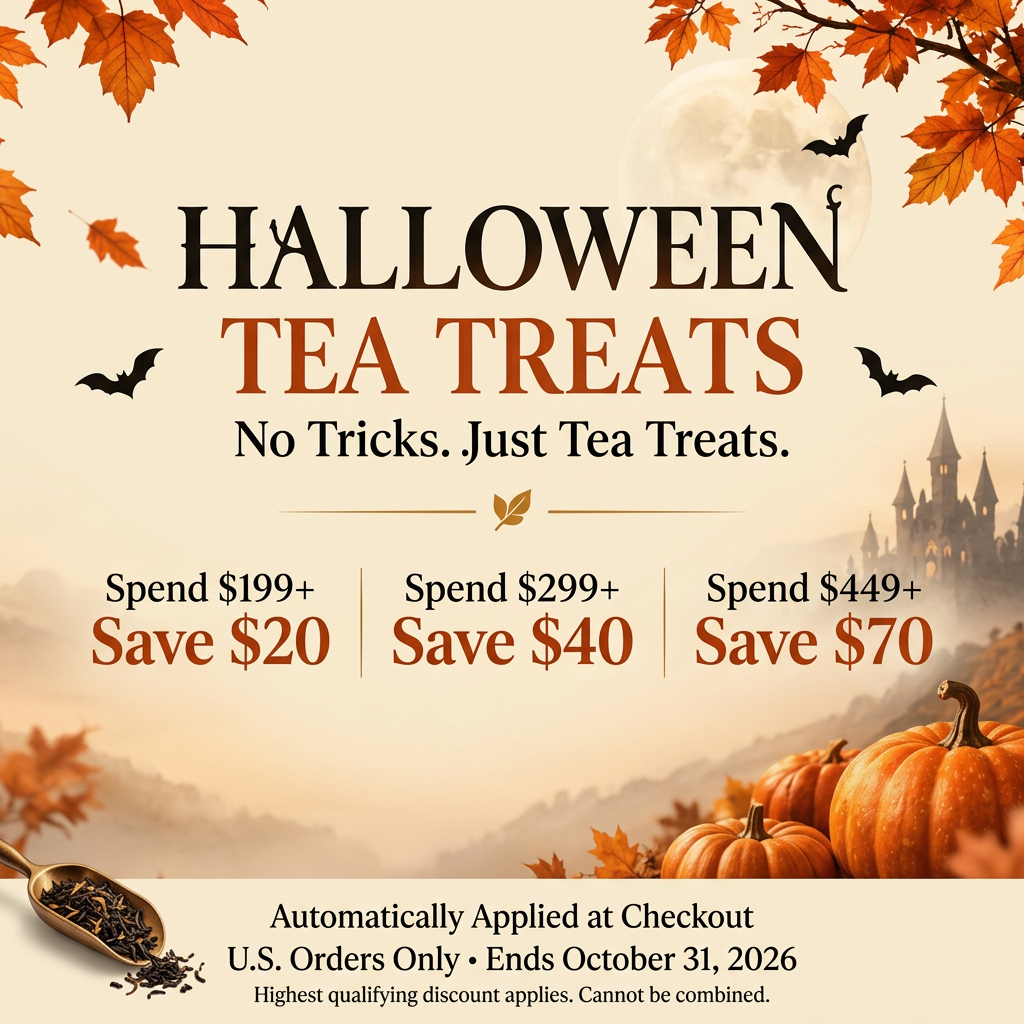 Halloween Tea Treats 2026 illustrated poster with pumpkins and autumn leaves: U.S. orders save $20 at $199, $40 at $299, or $70 at $449 through October 31.