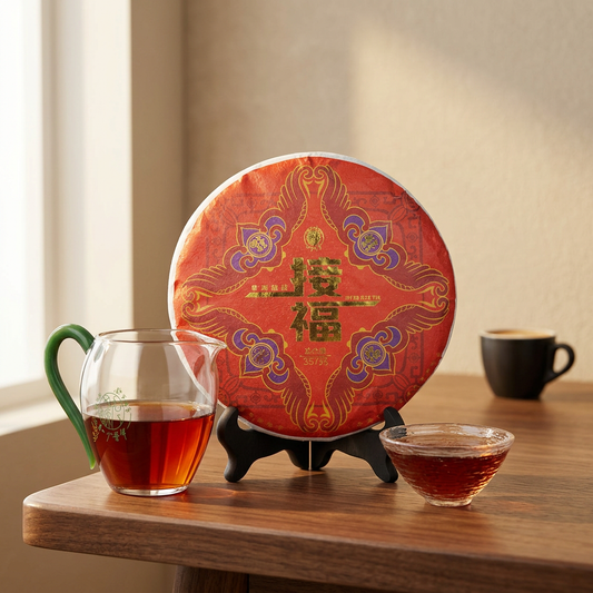 AI-restyled Jiefu ripe Pu-erh Tea product scene with its red-wrapped cake, glass pitcher and tea cup on a warm wooden tabletop, with a blurred coffee cup in the background.