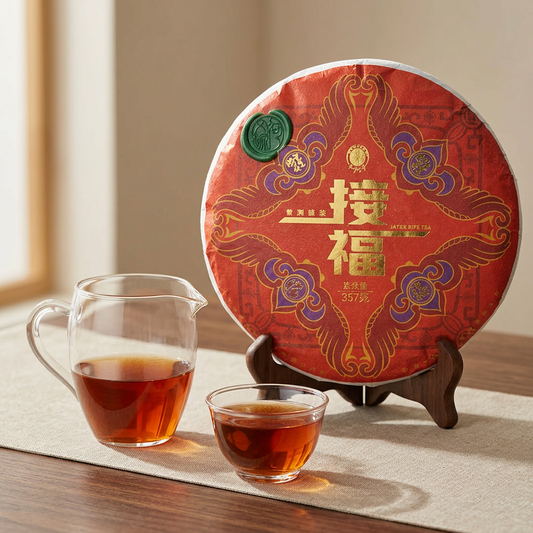 AI-styled tea scene featuring Jiefu ripe Pu-erh Tea in its red cake wrapper beside a glass cup and pitcher of reddish-brown tea.
