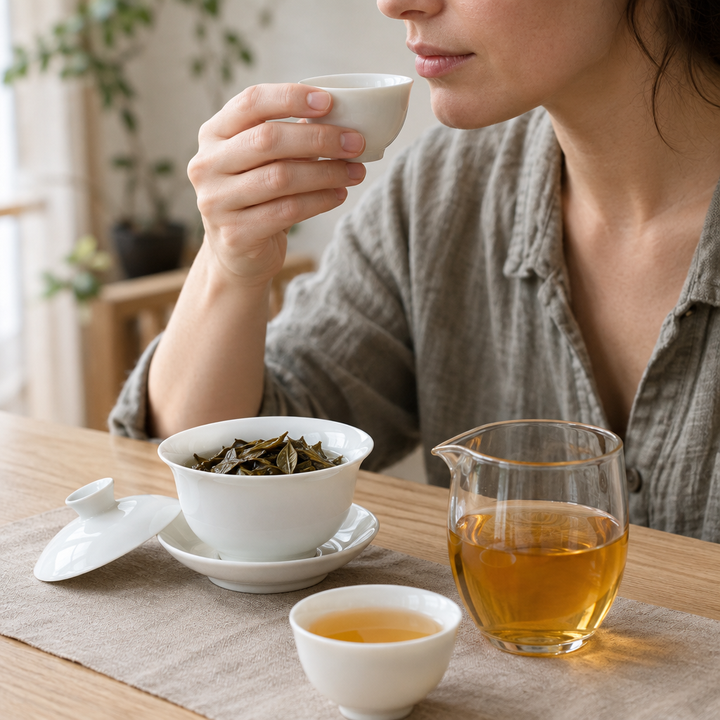 Illustration of a person tasting Pu-erh Tea beside a white gaiwan, brewed leaves, and a glass pitcher of golden tea.