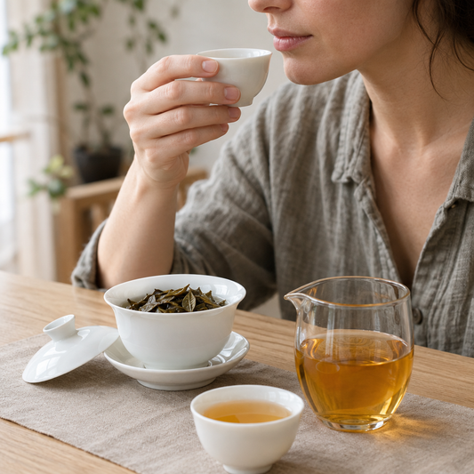 Illustration of a person tasting Pu-erh Tea beside a white gaiwan, brewed leaves, and a glass pitcher of golden tea.