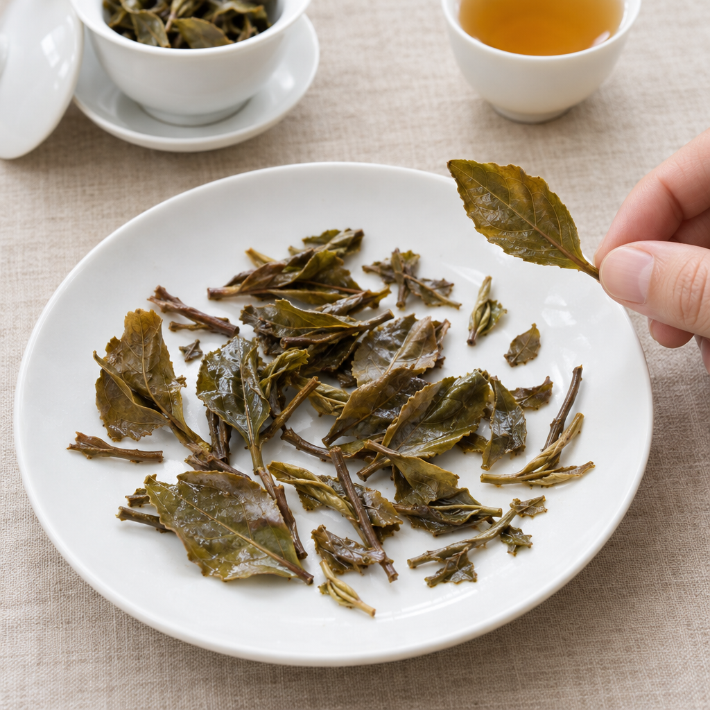 Illustration of brewed Pu-erh Tea leaves being examined on a white plate.