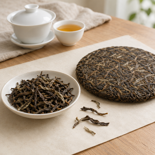Illustration of loose dry Pu-erh Tea leaves beside a pressed tea cake, with a white gaiwan and golden tea in the background.