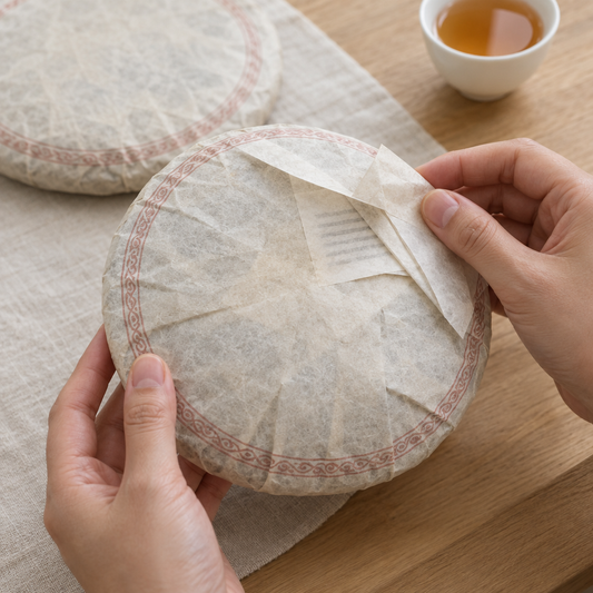 Illustration of hands lifting a Pu-erh Tea cake wrapper fold to inspect its label, with another wrapped cake and a cup of tea nearby.