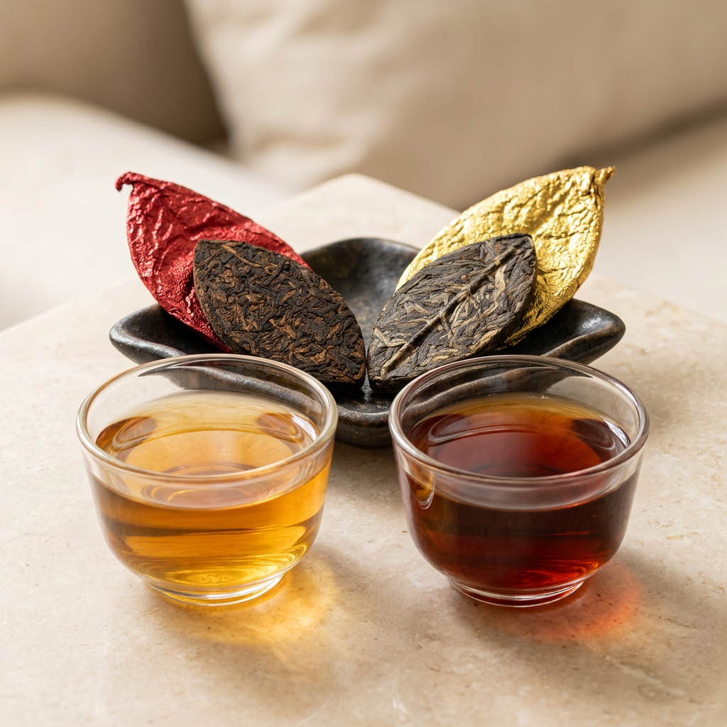 AI-styled comparison tasting scene based on Golden & Red Leaf Pu-erh Tea product imagery, with leaf-shaped tea portions, red and gold wrappers, and two glass cups of golden and red-brown tea.