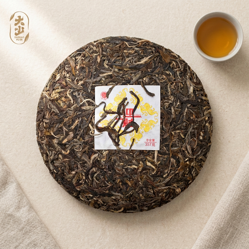 AI-restyled product scene of an unwrapped Yingcai raw Pu-erh Tea cake beside a ceramic cup of golden tea on a light stone tabletop.