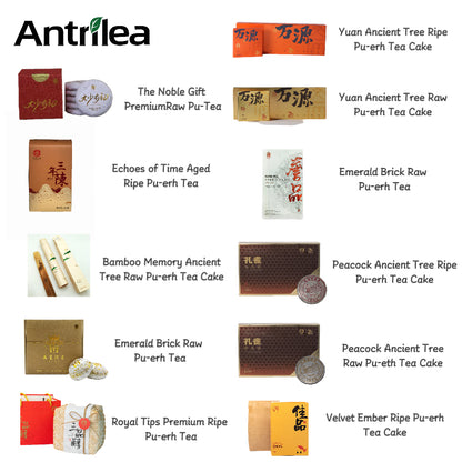 Antrilea Ancient Tree Pu-erh Tea Collection featuring 11 authentic Yunnan Pu-erh teas, including Raw Pu-erh Tea, Ripe Pu-erh Tea, tea cakes, brick teas, and premium gift boxes.